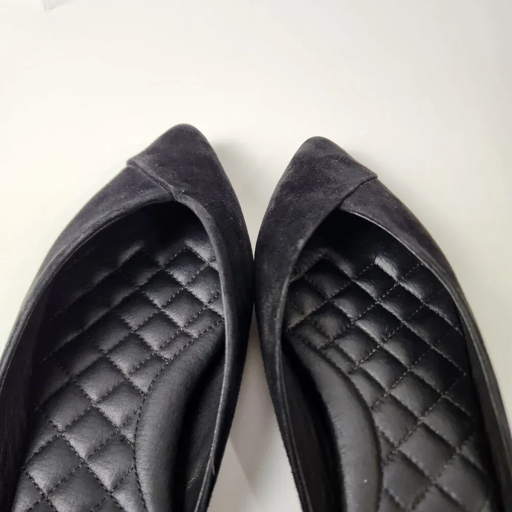 Birdies Shoes Womens 9.5 Black Swan Suede Mules Quilted Flats Leather Slip On - Picture 8 of 14